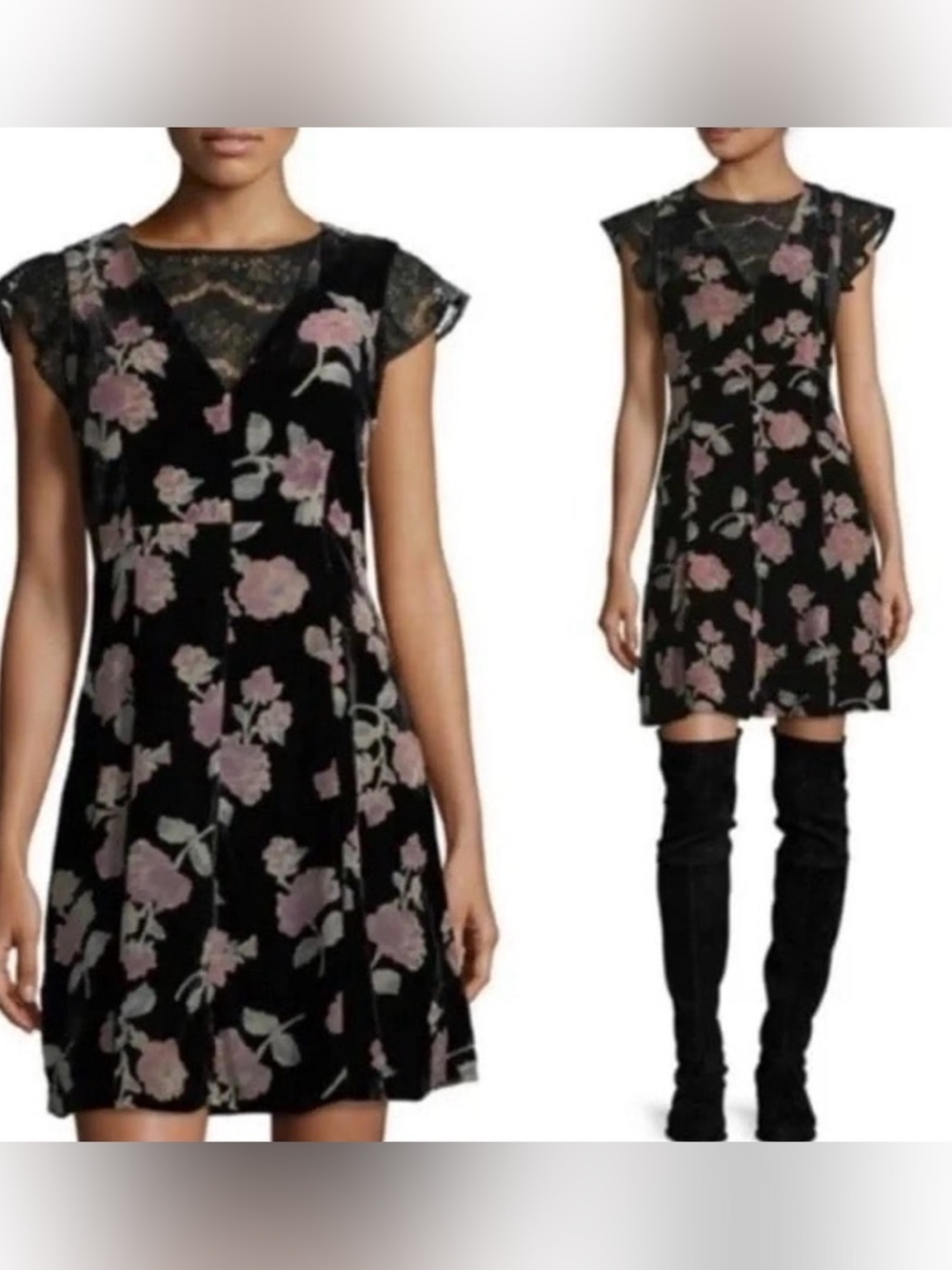 Nanette Lepore floral dress with lace detail-black velvet-Size 6